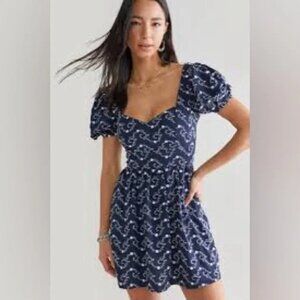 Francesca’s Audrey parks navy embroidered puff sleeved dress